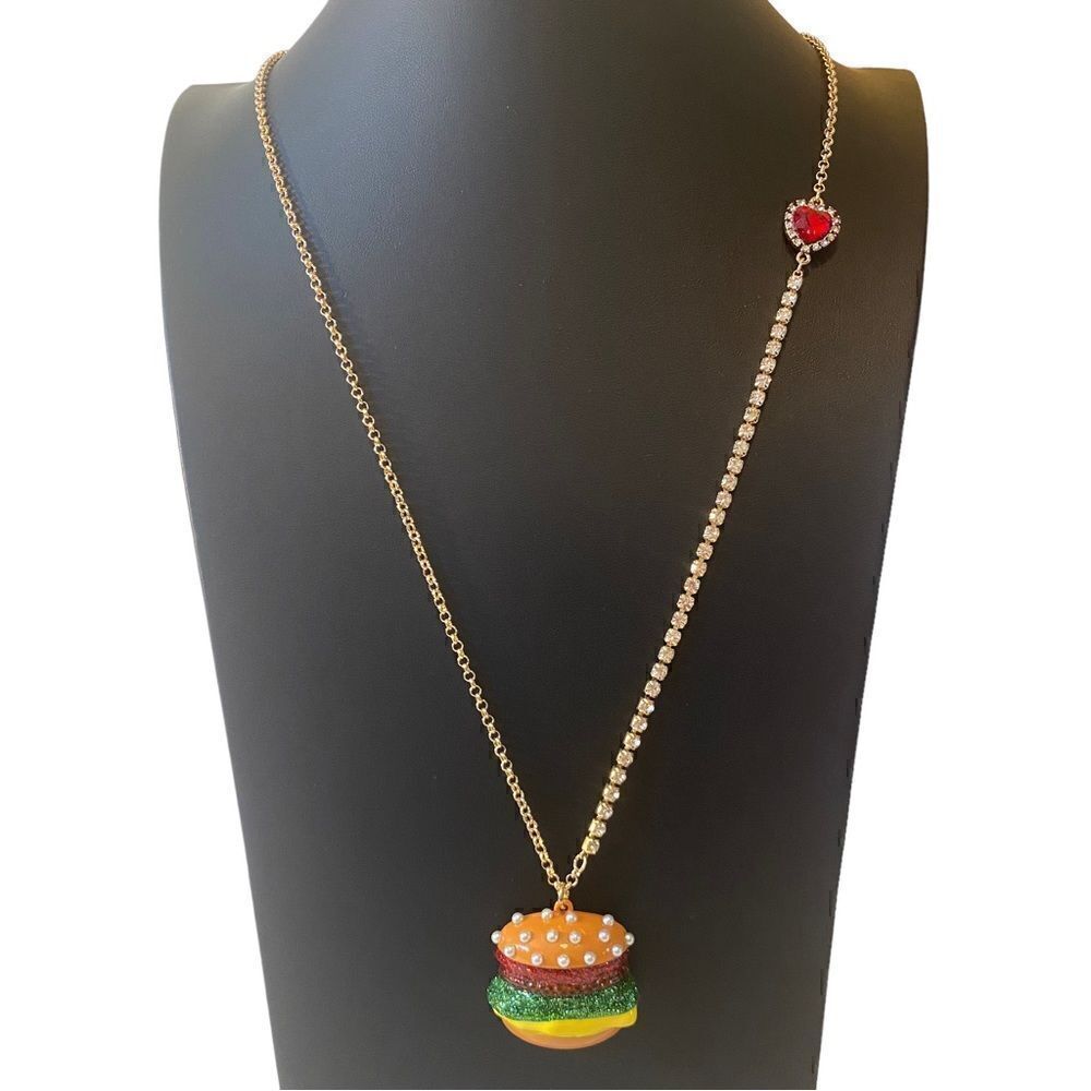 Betsey Johnson Sparkly Hamburger Pendant Necklace.